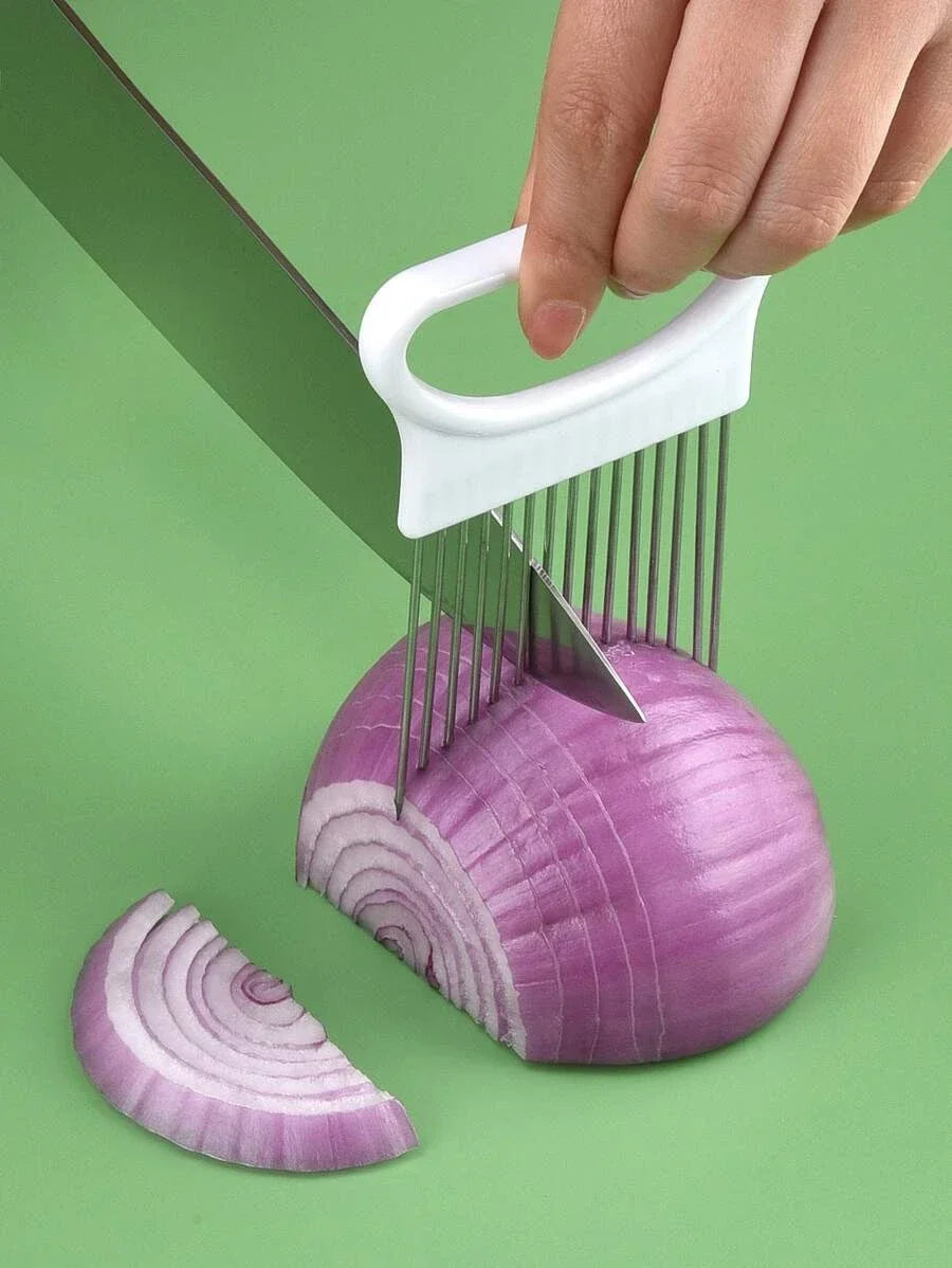 Onion Slicer & Holder – Stainless Steel Vegetable Cutting Guide