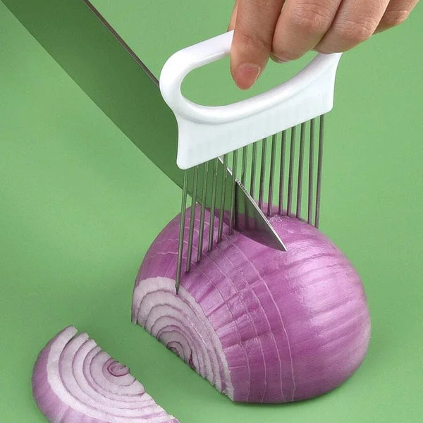 Onion Slicer & Holder – Stainless Steel Vegetable Cutting Guide