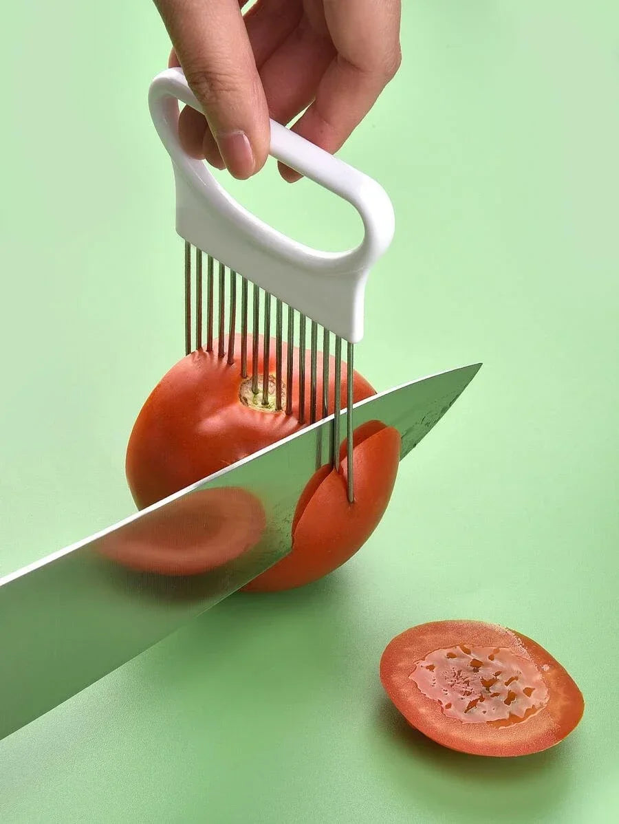 Onion Slicer & Holder – Stainless Steel Vegetable Cutting Guide