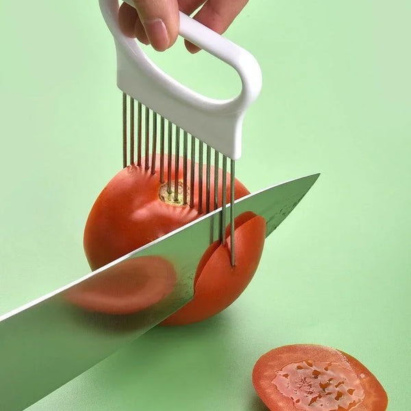 Onion Slicer & Holder – Stainless Steel Vegetable Cutting Guide